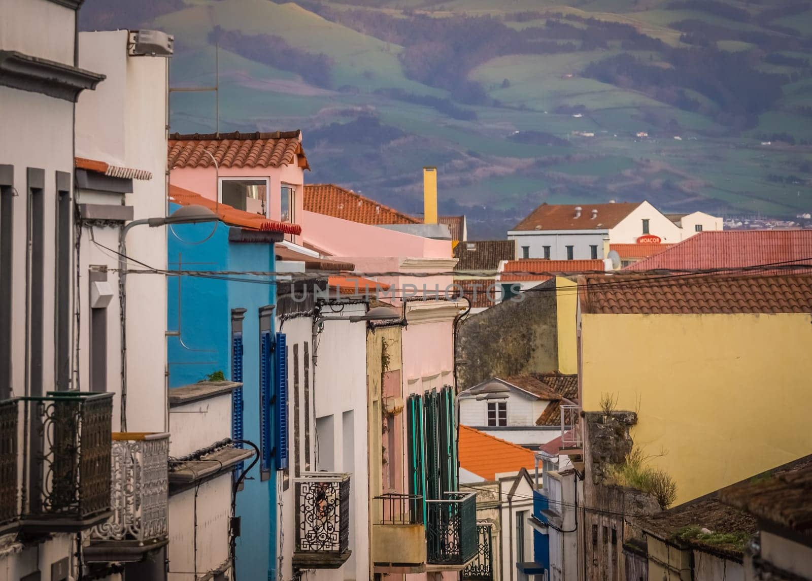 Traditional homes on a street of Ponta Delgada, Azores, Portugal