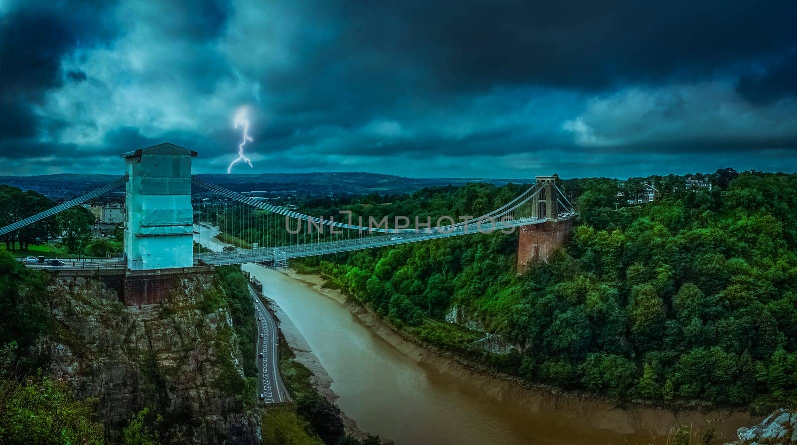 Clifton suspension bridge during storm, Bristol, England, UK