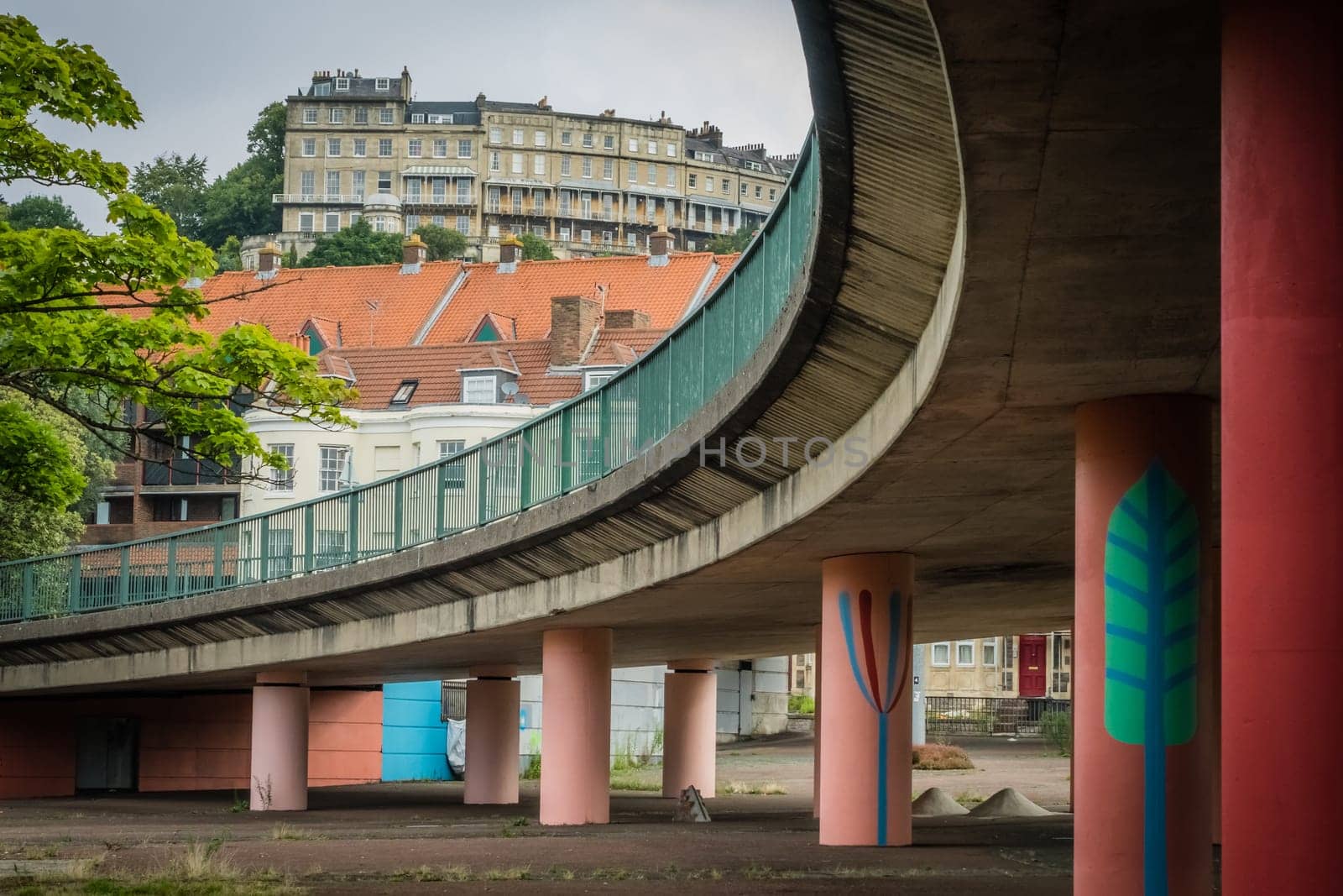 Concrete girder piers of a highway exit on the outskirts of Bristol, England, UK