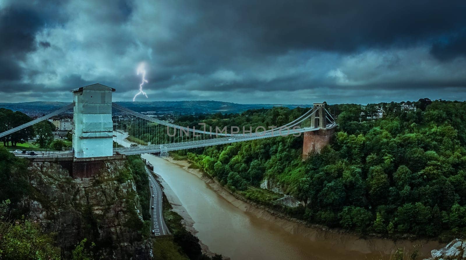 Clifton suspension bridge during storm, Bristol, England, UK