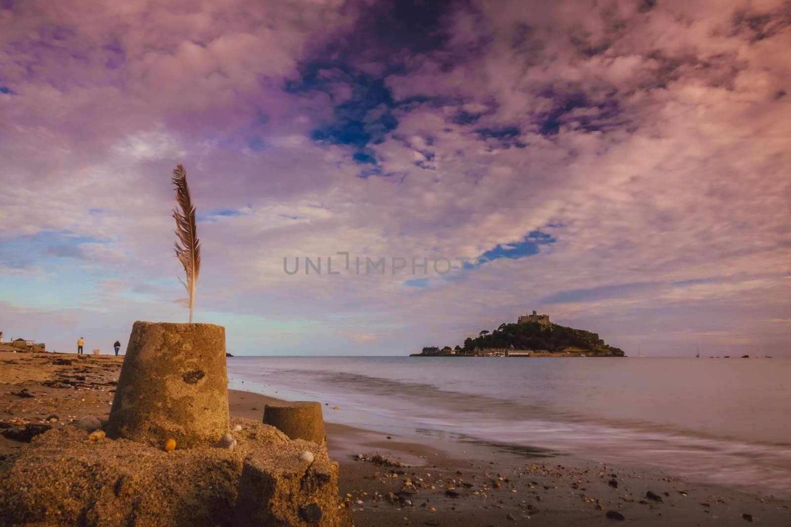 Sandy sculpture of an abbey on top of the hill of St Michaels Mount, Marazion, Cornwall, England
