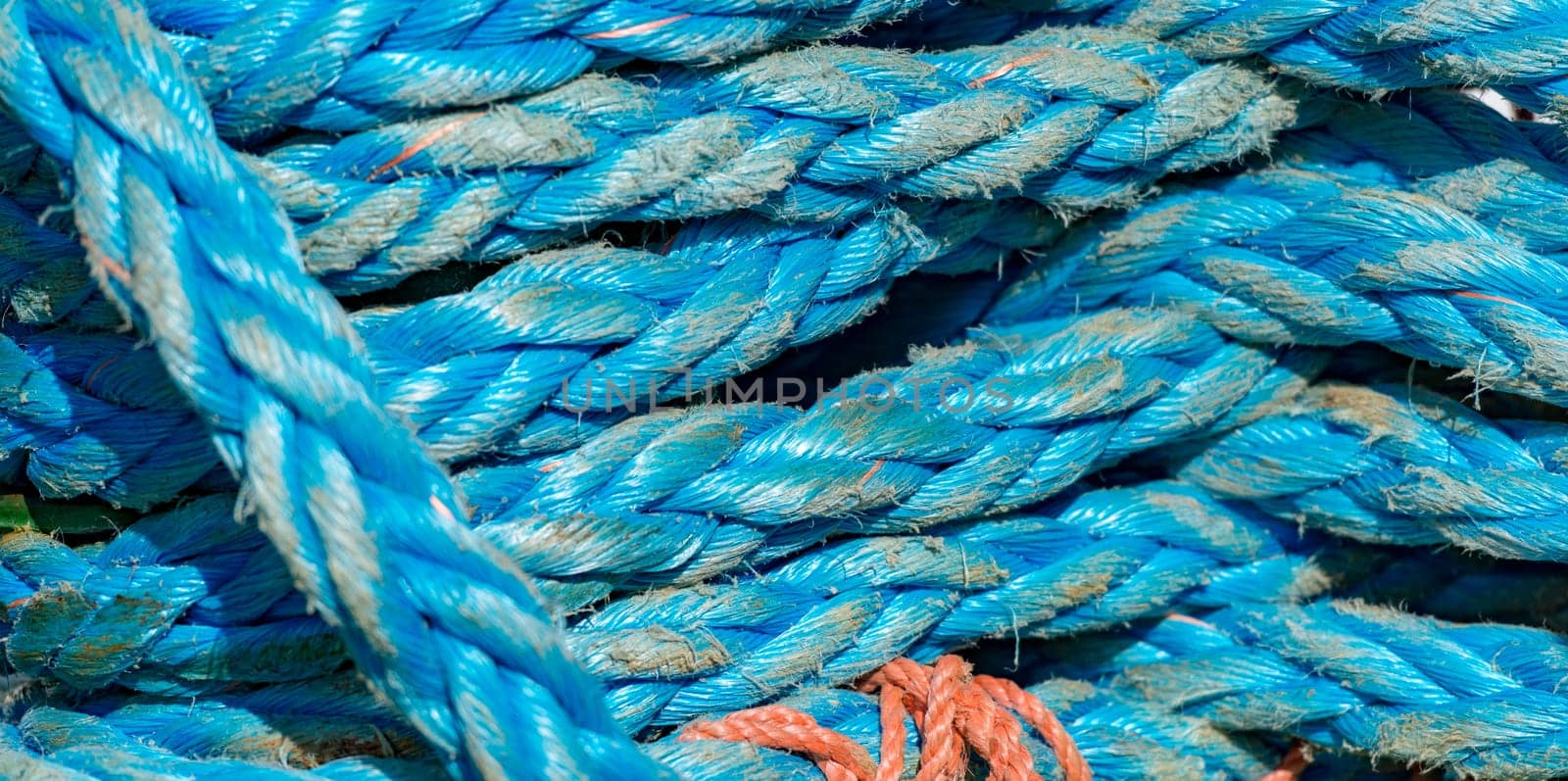 Detail view on ropes on boat in port of Norway, Scandinavia, Europe.