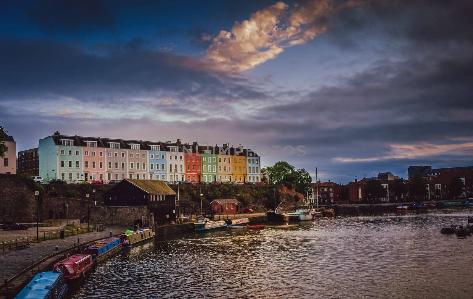 Colorful homes on the hillside in the harbour in Bristol, England, UK