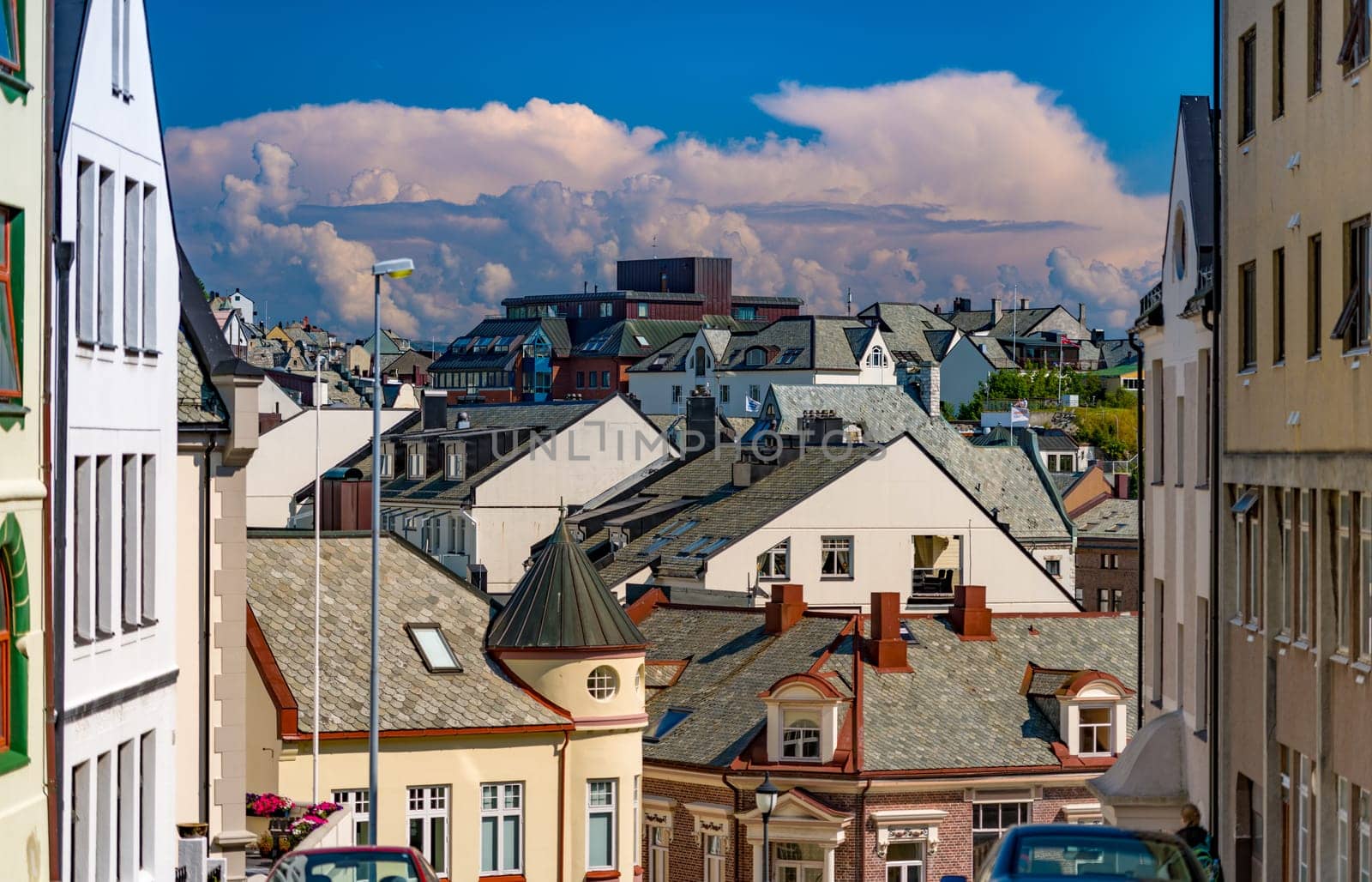 Alesund, Norway.  View of central city part with historic art nouveau architectural style in which most of the town was rebuilt after a fire in 1904. Popular tourist destination in Scandinavia, Europe