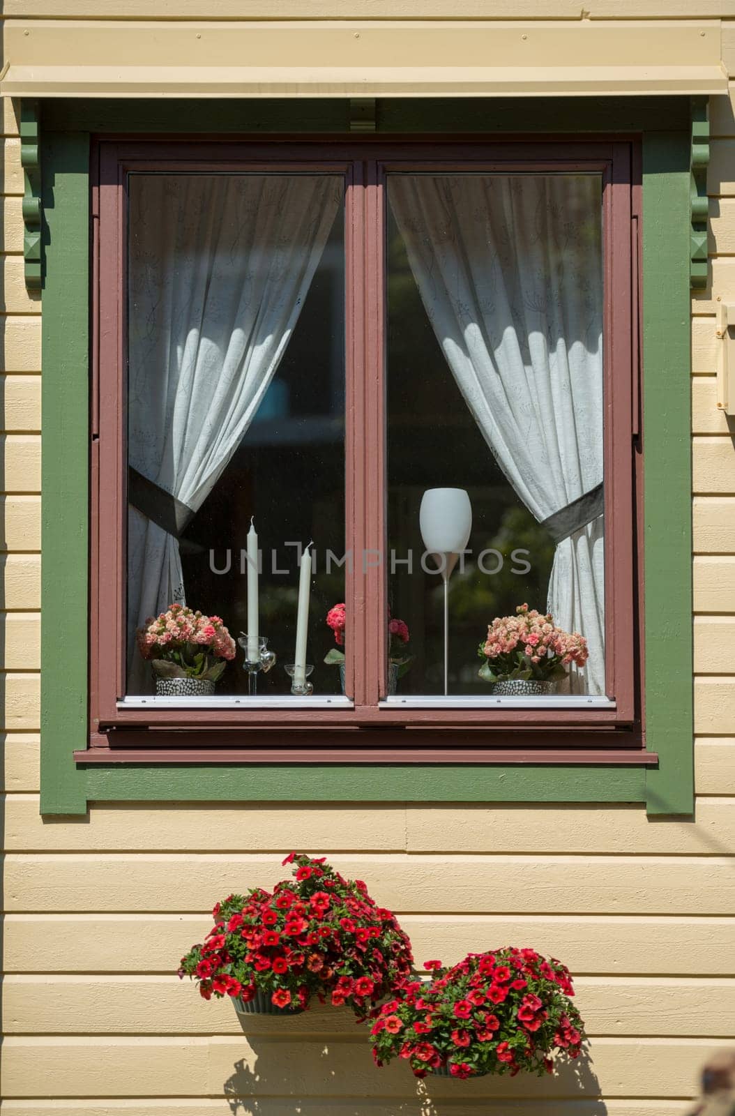 Window details of traditional house in scandinavian style. Norway, Scandinavia, Europe.