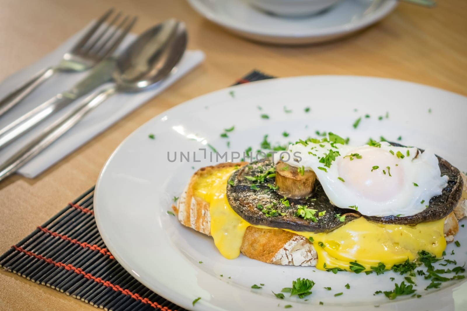 Mushroom Egg Benedict sandwich served for breakfast