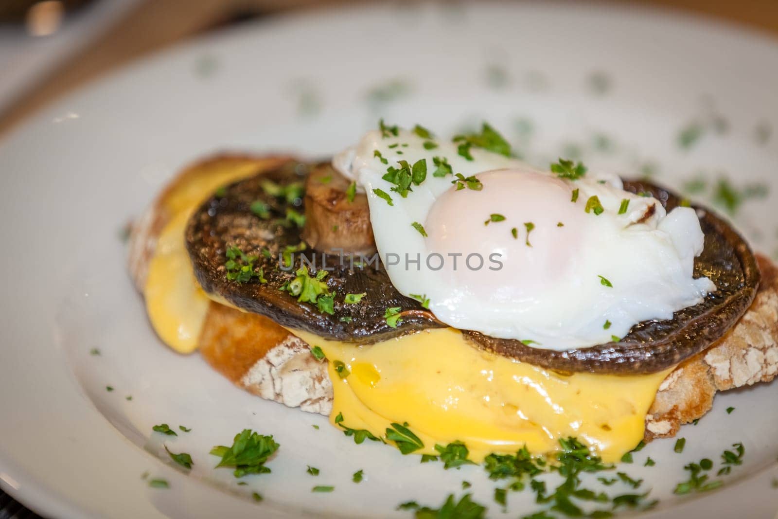 Mushroom Egg Benedict sandwich served for breakfast