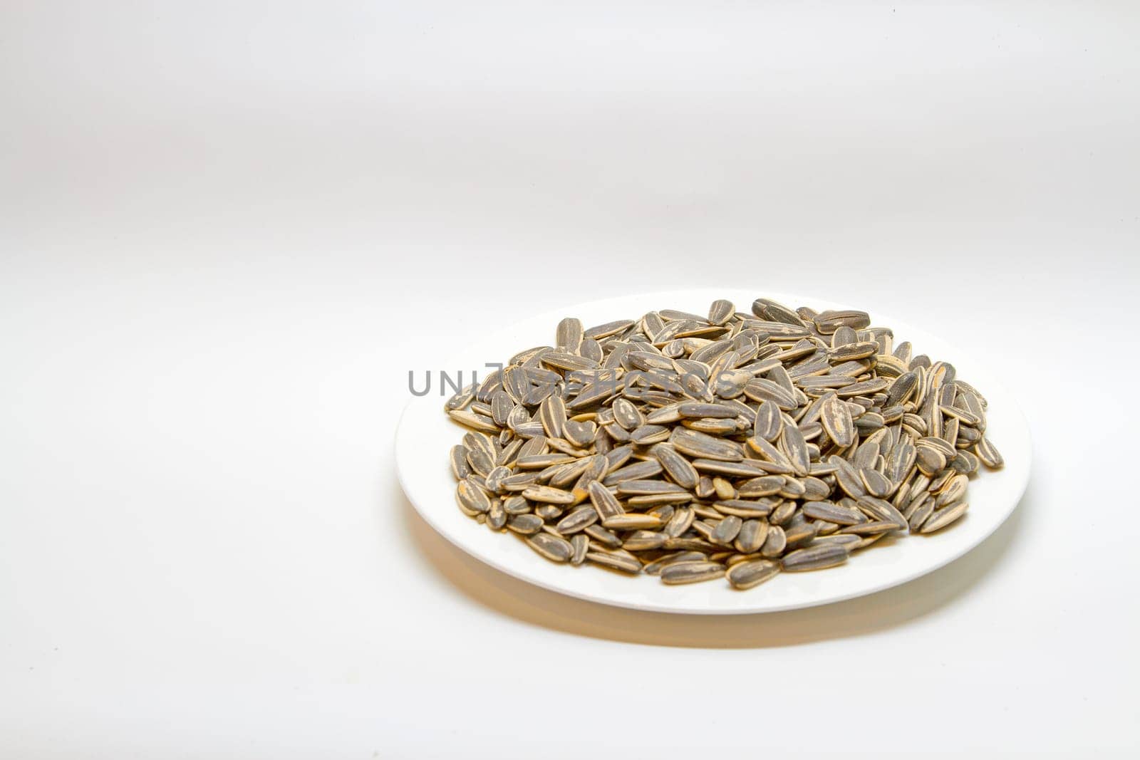 Dried sunflower seeds in the white plate on white background.