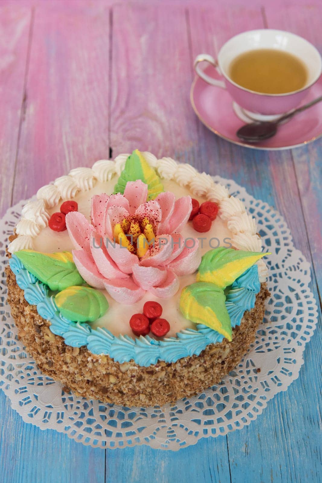 Tasty different cakes set on a color gradient background