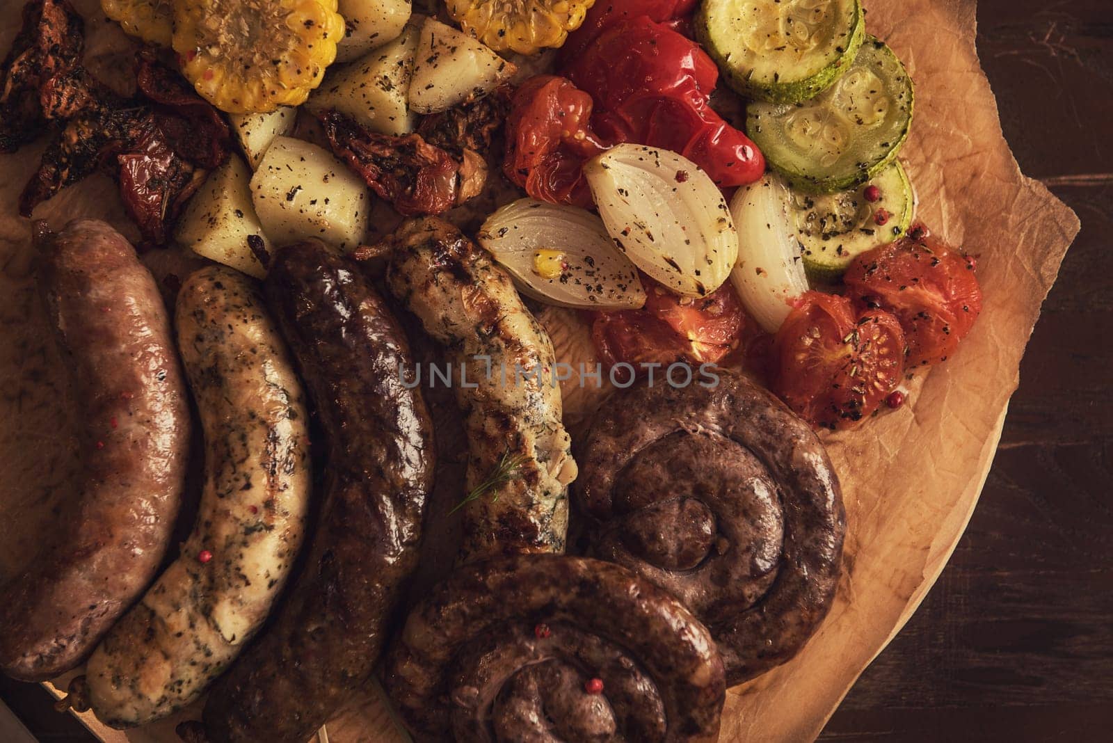 Grilled different meat and fish sausages with vegetables and spices on wooden background