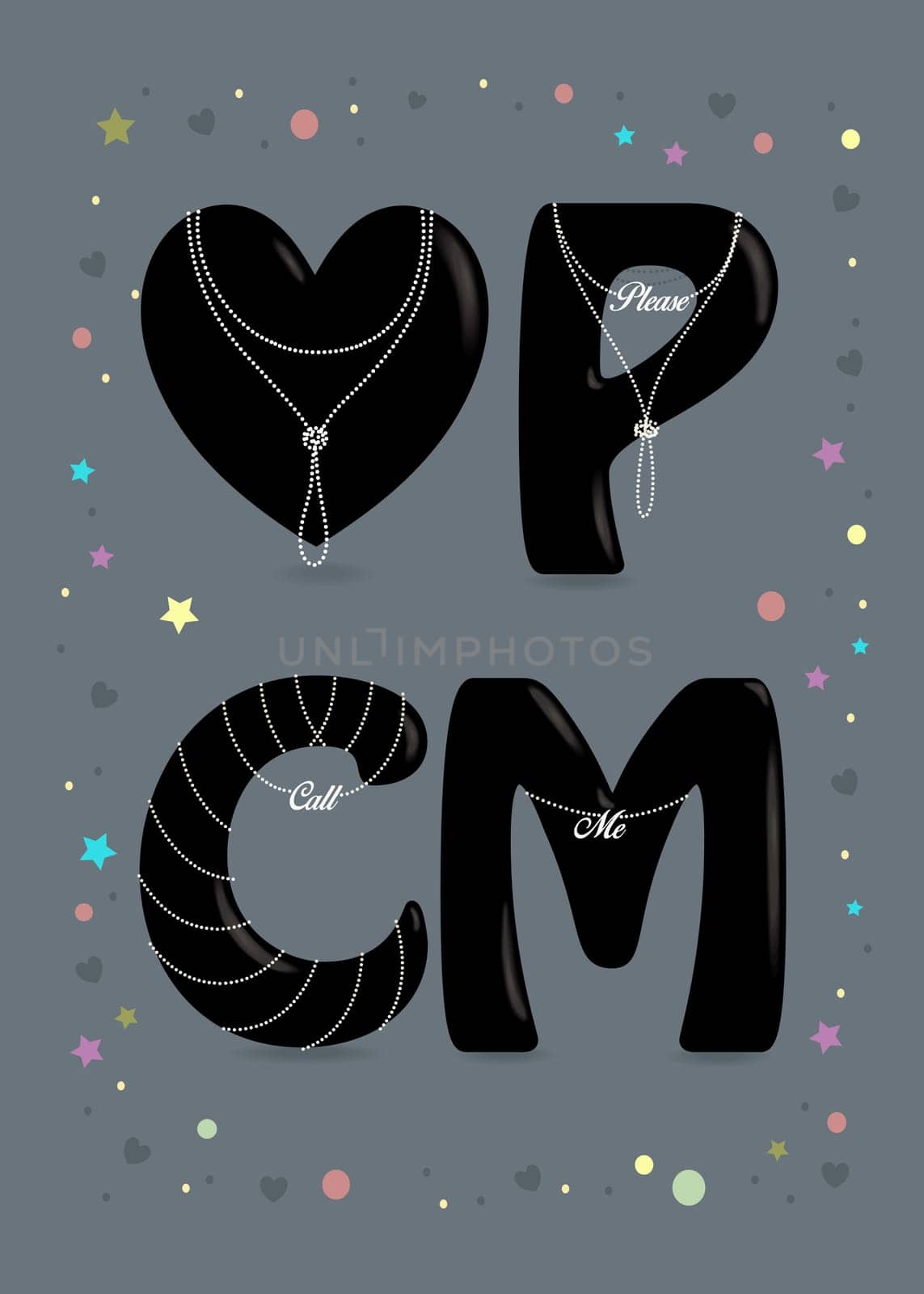Please Call Me. Black big heart and letters - P, C and M. Pearl collars with texts as pendants. Colorful frame of stars, confetti and hearts. Gray Background.  Illustration