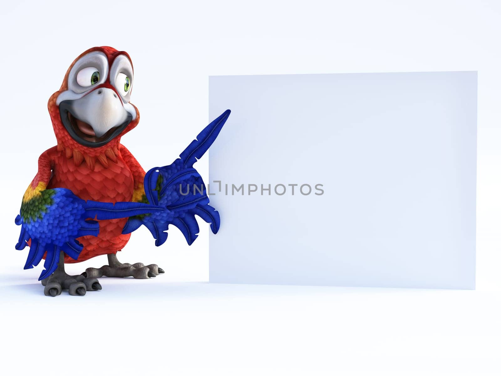 3D rendering of cartoon parrot smiling and pointing with its wing to a blank sign. White background.