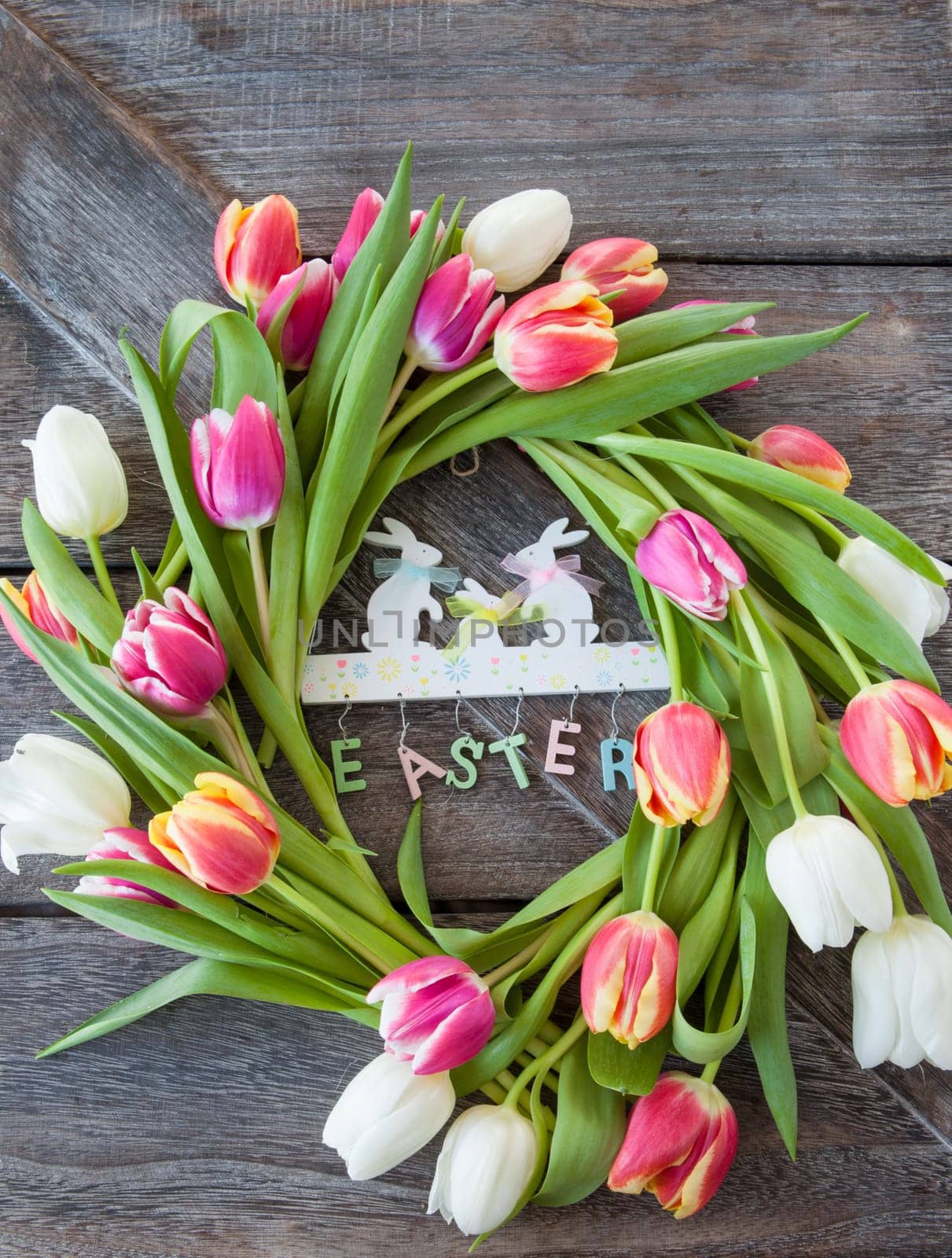 Background of rustic wood with colorful tulips