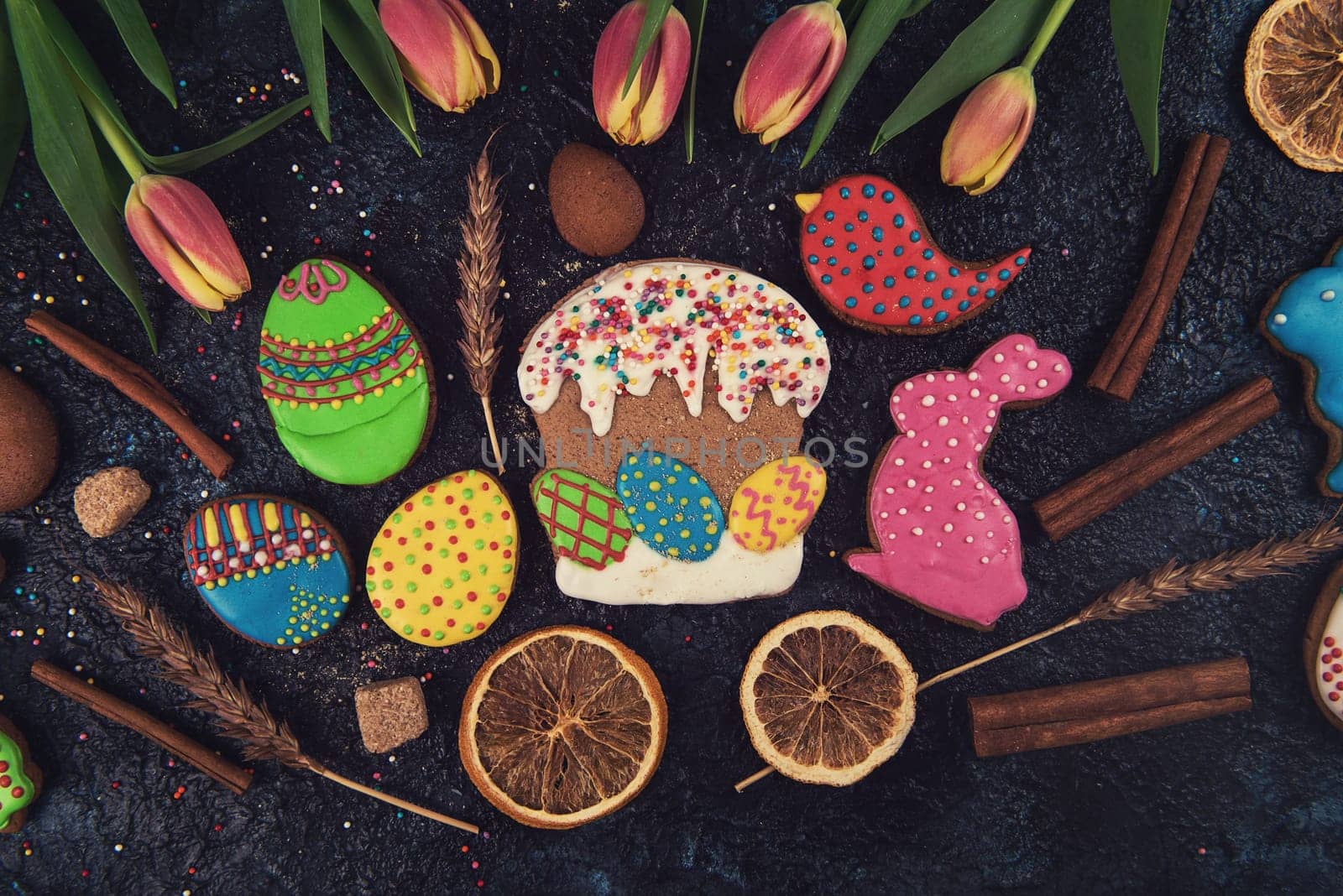 Tulips and gingerbread cookies on darken concrete background for Easter.