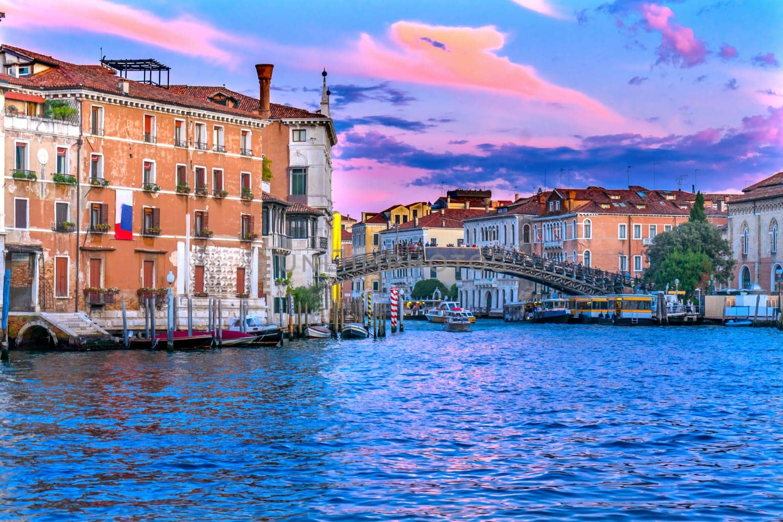 Colorful Ponte dell Academia Bridge Sunset Ferry Docks Touirists Grand Canal Venice Italy