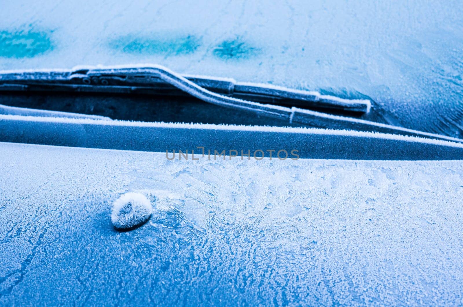 Iceflowers, frozen.The ice-cold frost forms ice crystals in beautiful unique patterns on the window, Hood and wiper on the Car