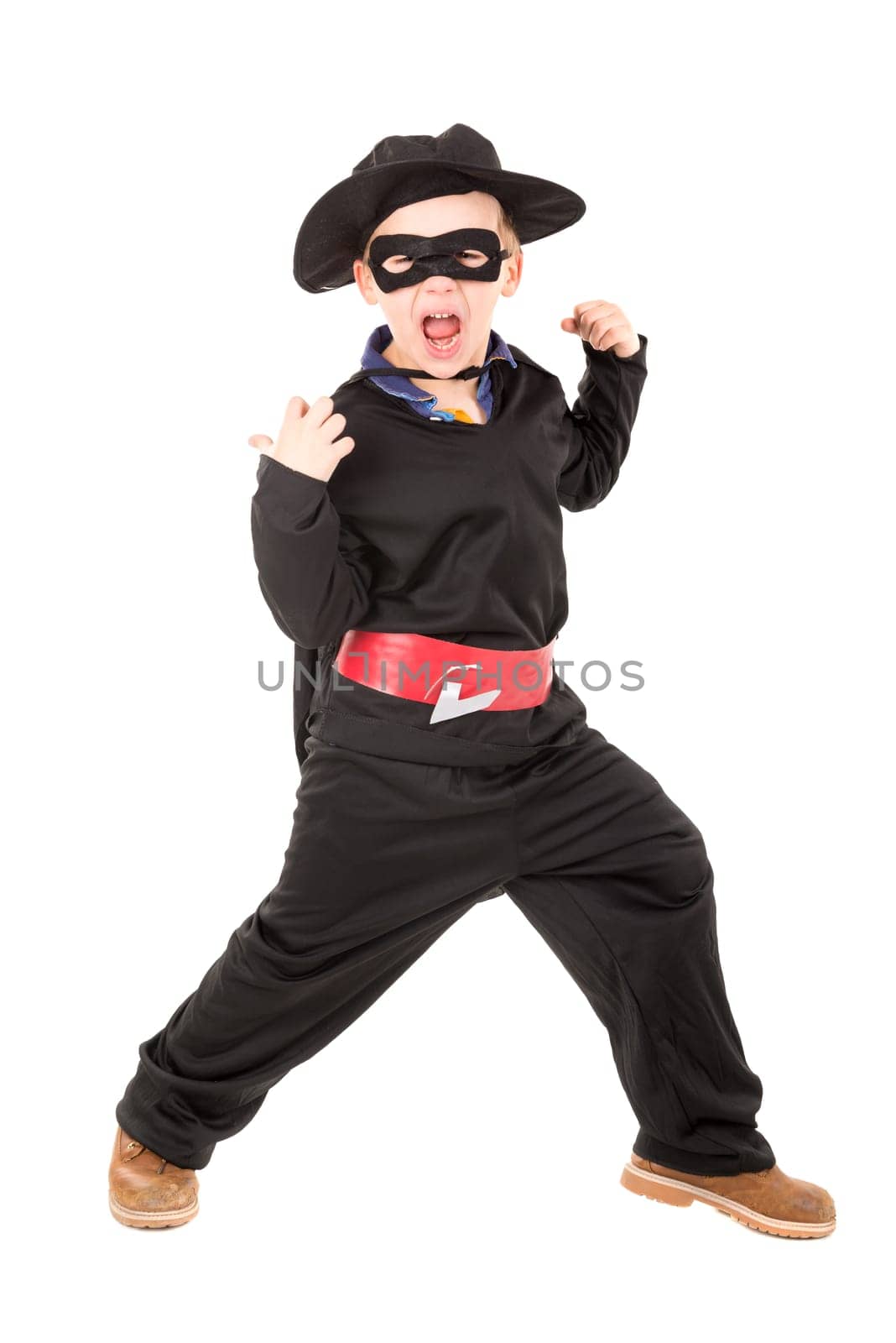 Young boy posing with costume isolated in white