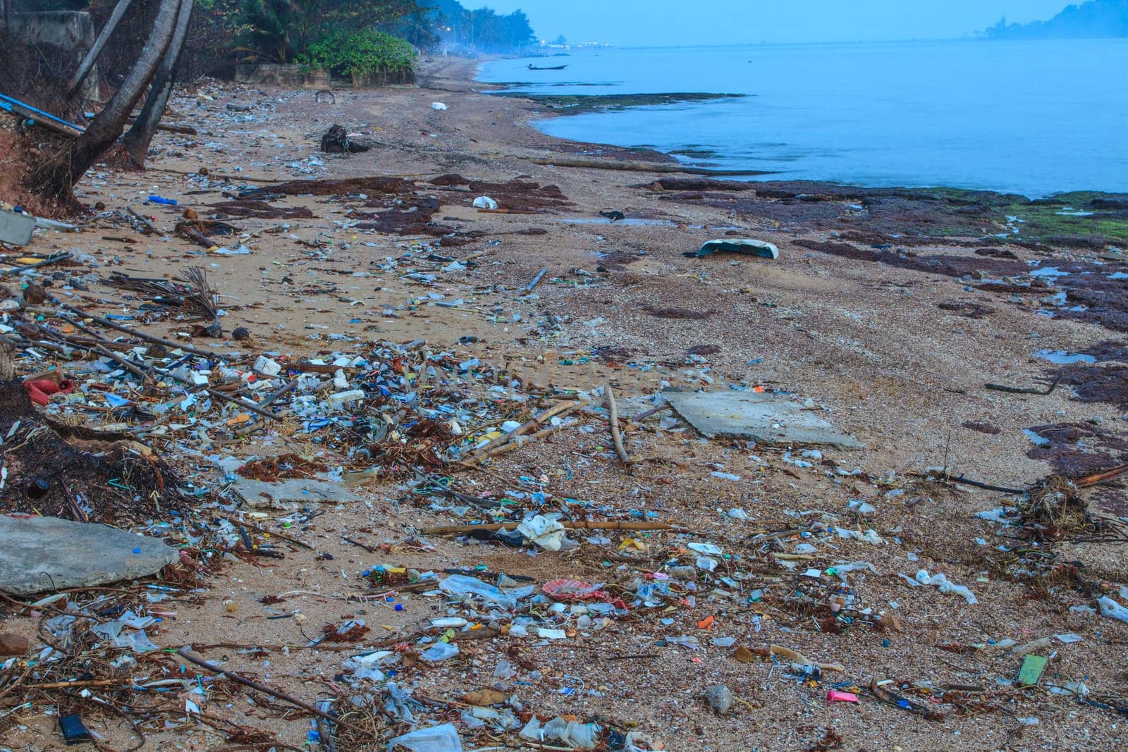 Garbage on a beach, environmental pollution concept picture
