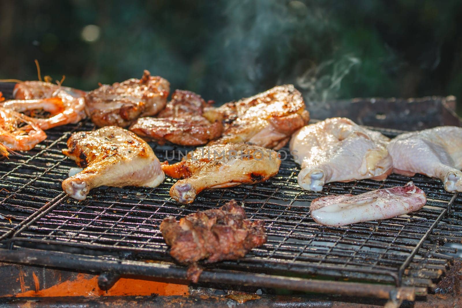 Assorted delicious grilled meat.over the coals on a barbecue
