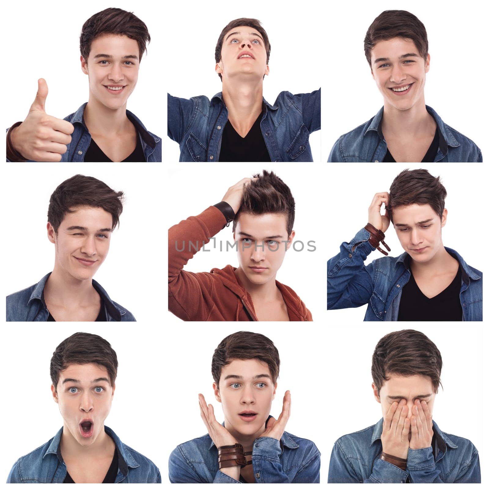 Mosaic of young man multiple expressions images on white background. Mixed emotions poster.