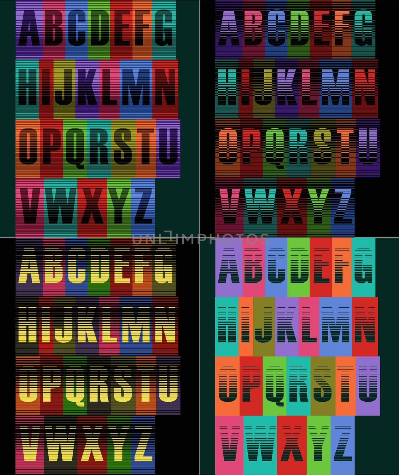 Striped artistic alphabets. Unusual fonts. Striped background. illustration