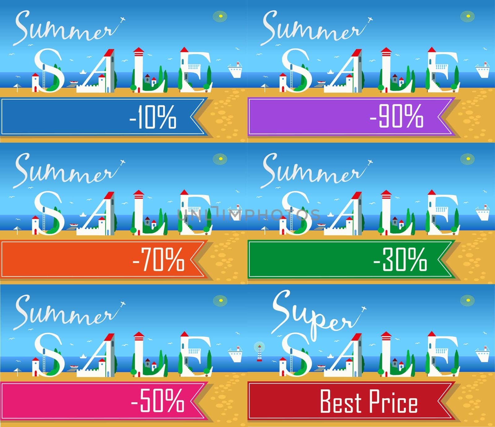 Cards with texts for retail. Artistic font. Summer beach. Buildings on the coast. Plane in the sky. Summer sale. Colorful banners for custom text. illustration