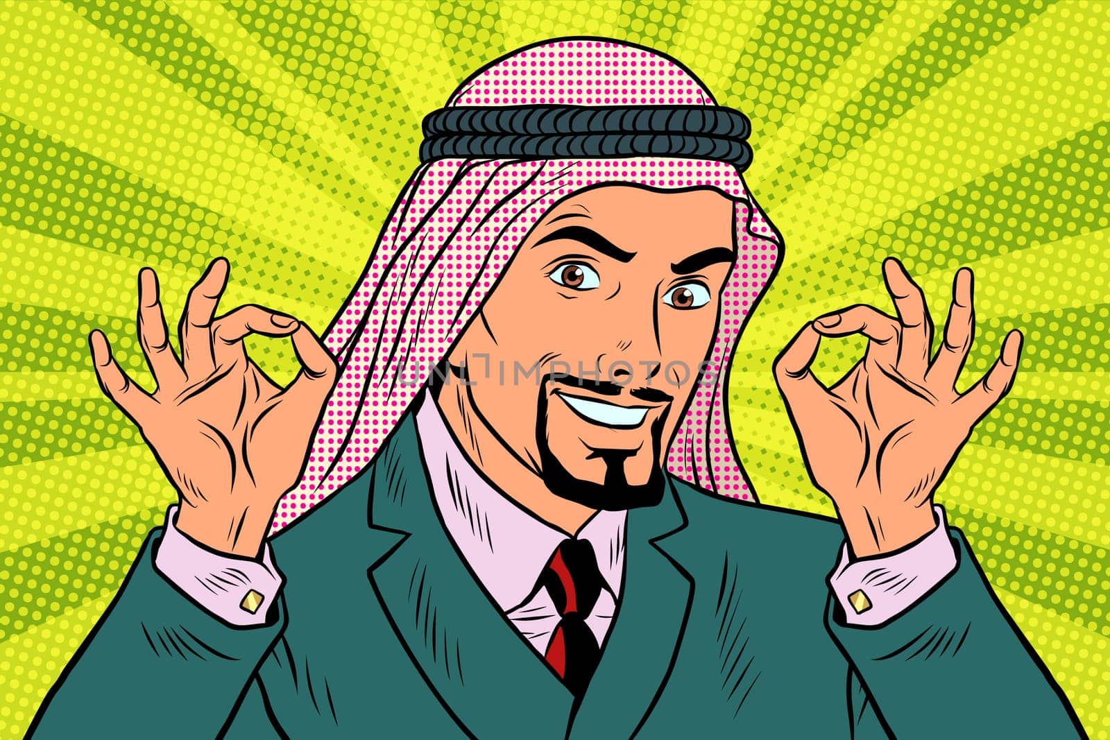 Two hands OK gesture, the Arab businessman. Pop art retro vector illustration