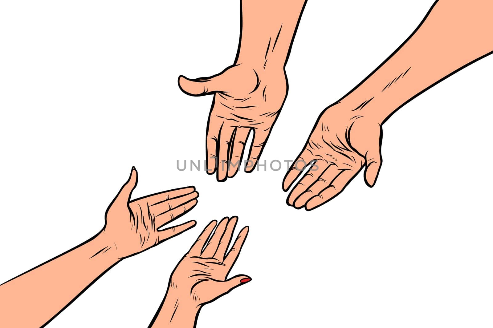 Male and female hands isolated on white background. Pop art retro vector illustration