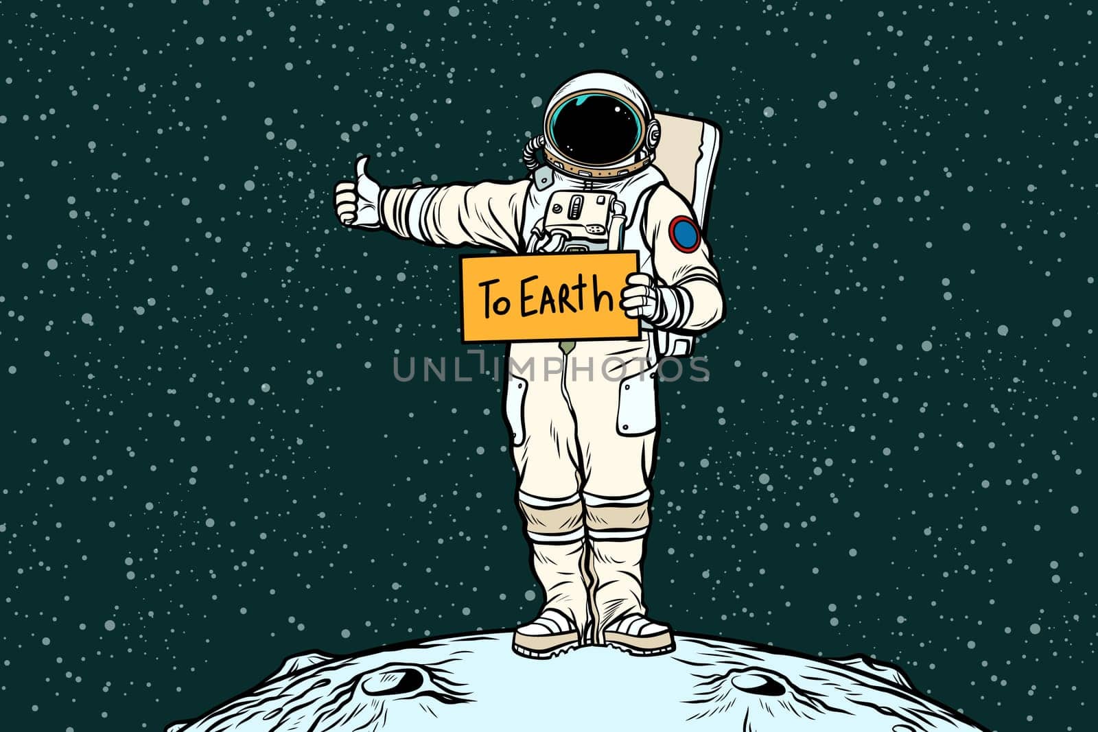 Astronaut hitch rides on Earth. Pop art retro vector illustration