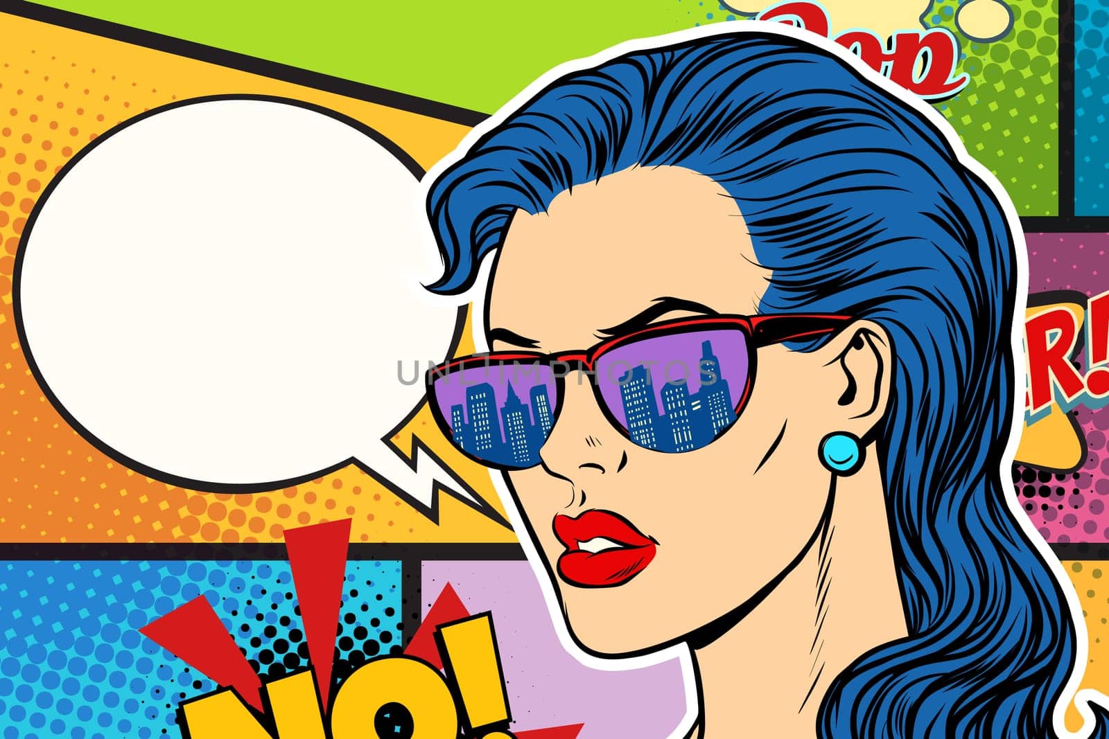 Pop art beautiful woman in sunglasses. Comic dialogue. retro vector illustration