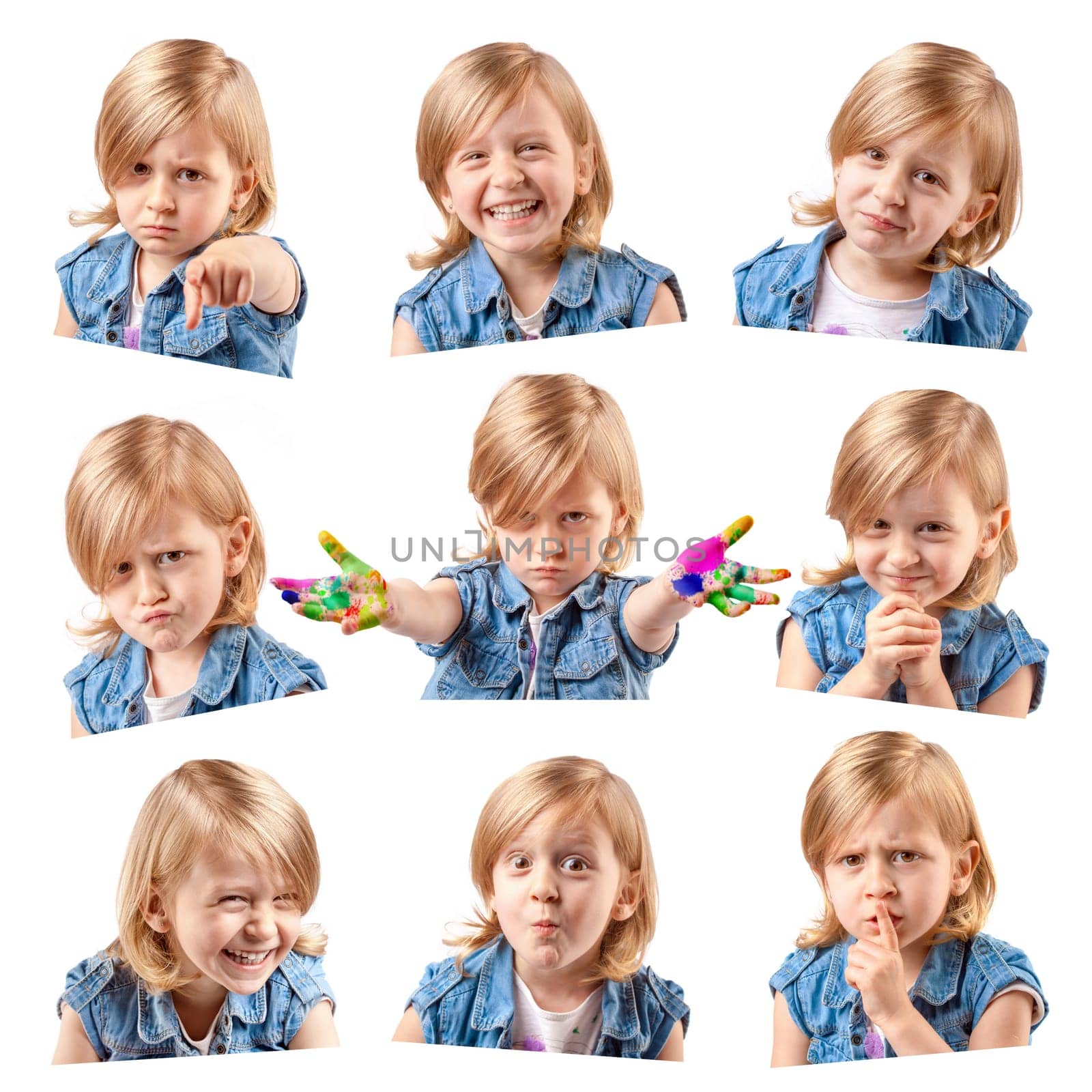 Mosaic of different portraits of the same cute girl. Mixed emotions poster.
