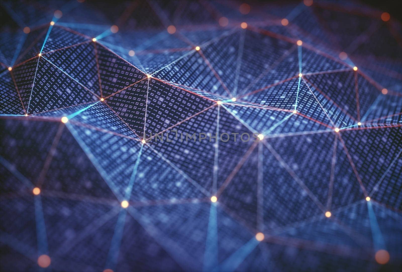 3D illustration, abstract background, technology concept. Binary surfaces interconnected by connections to data points.