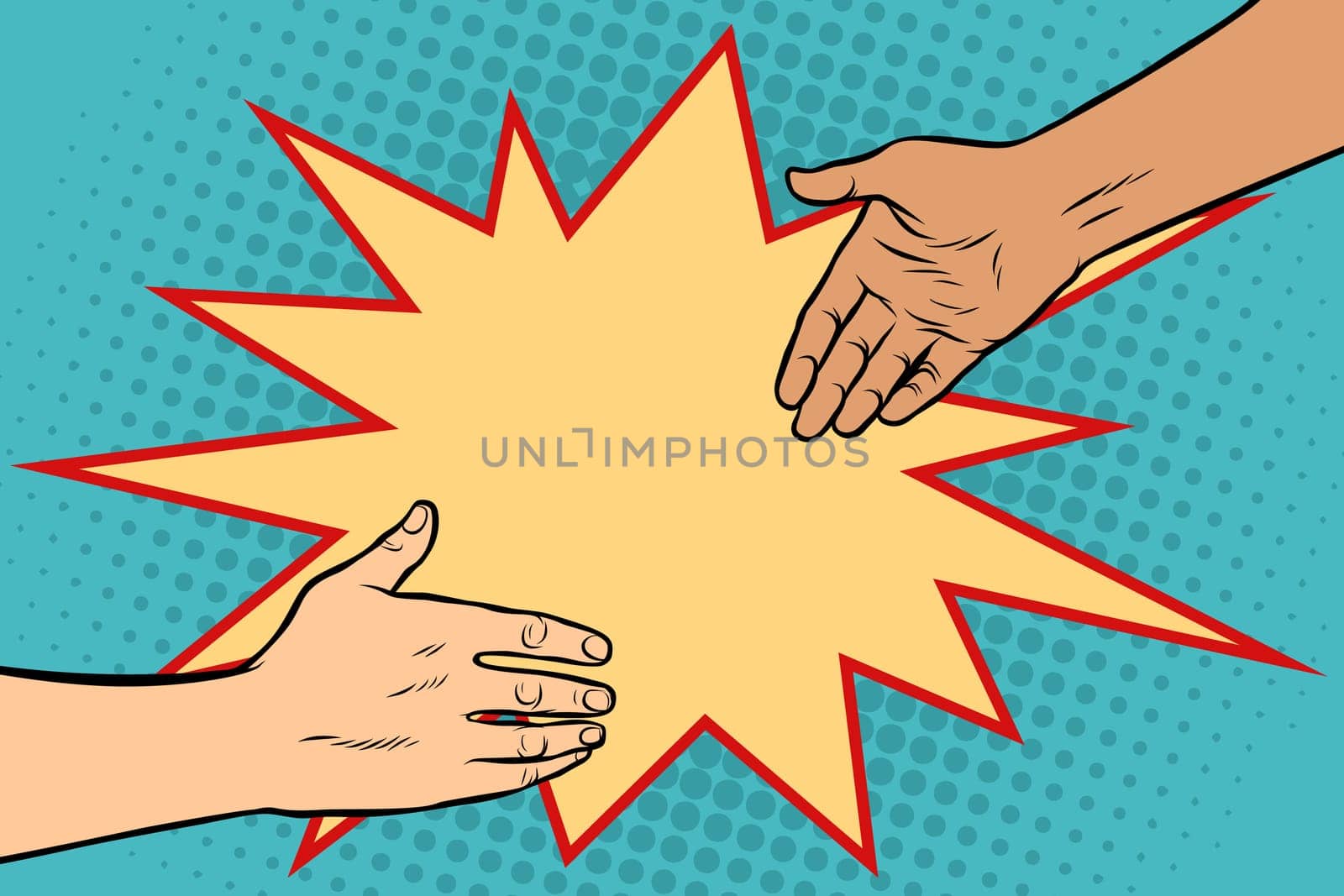handshake African and Caucasian. Pop art retro vector illustration.