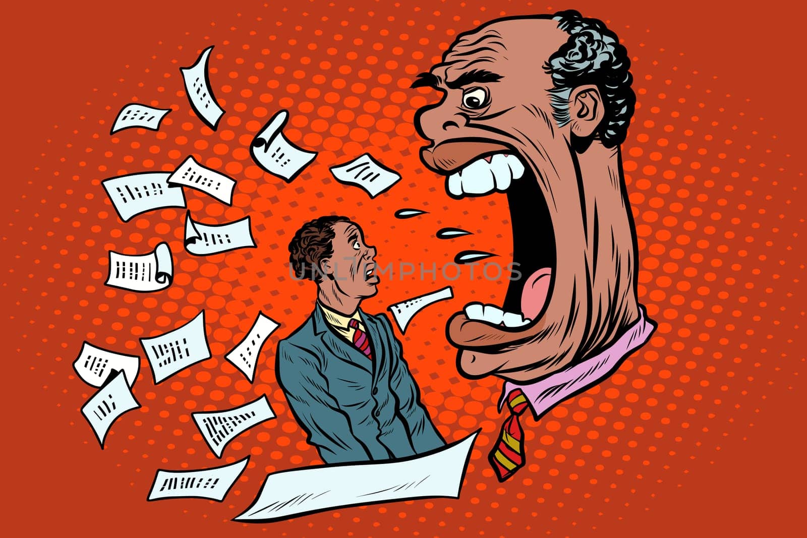 African boss yells at a subordinate. work and business. Pop art retro vector illustration