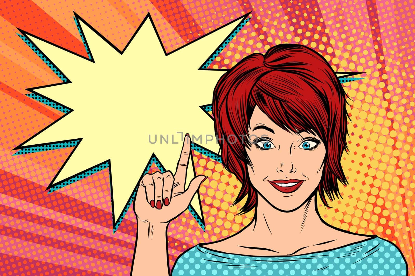 beautiful woman points. Pop art retro vector illustration