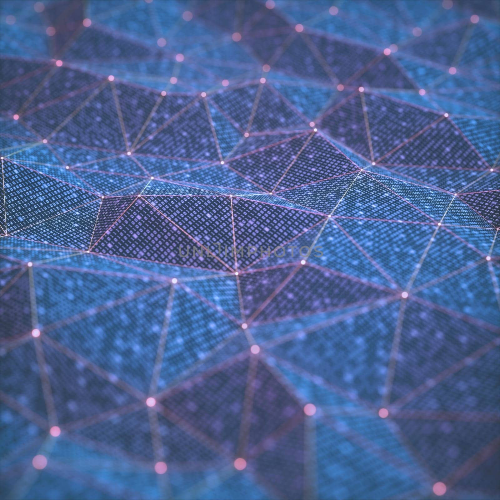 3D illustration, abstract background, technology concept. Binary surfaces interconnected by connections to data points.