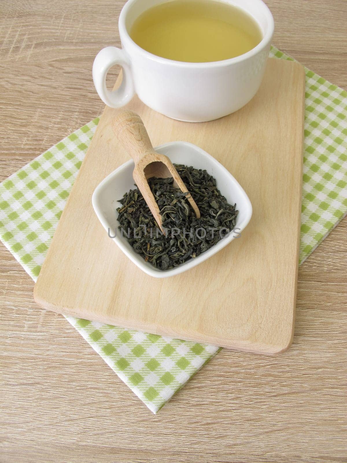 A cup of Chun Mee green tea from China