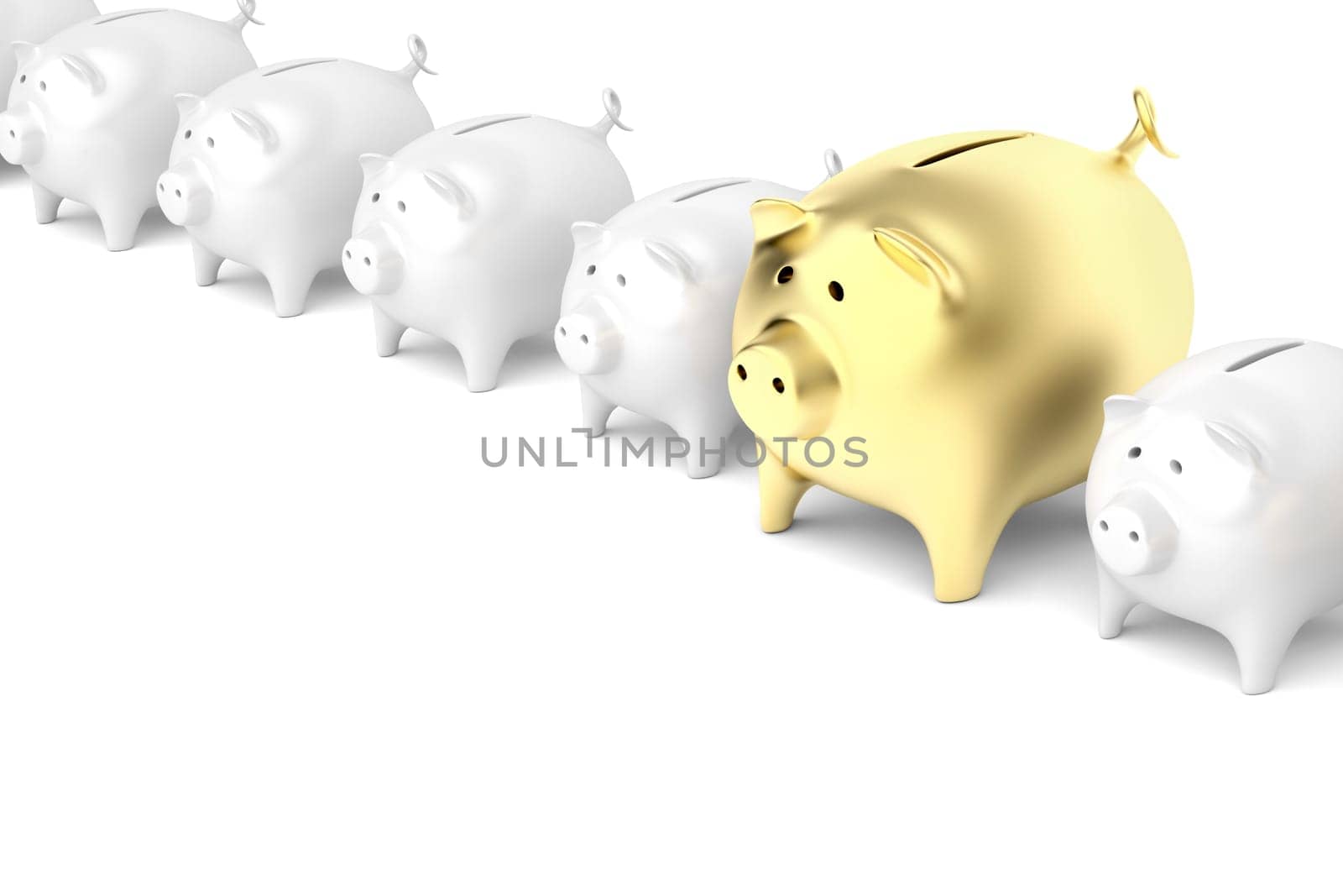Row with piggy banks with one bigger and gold colored piggy bank