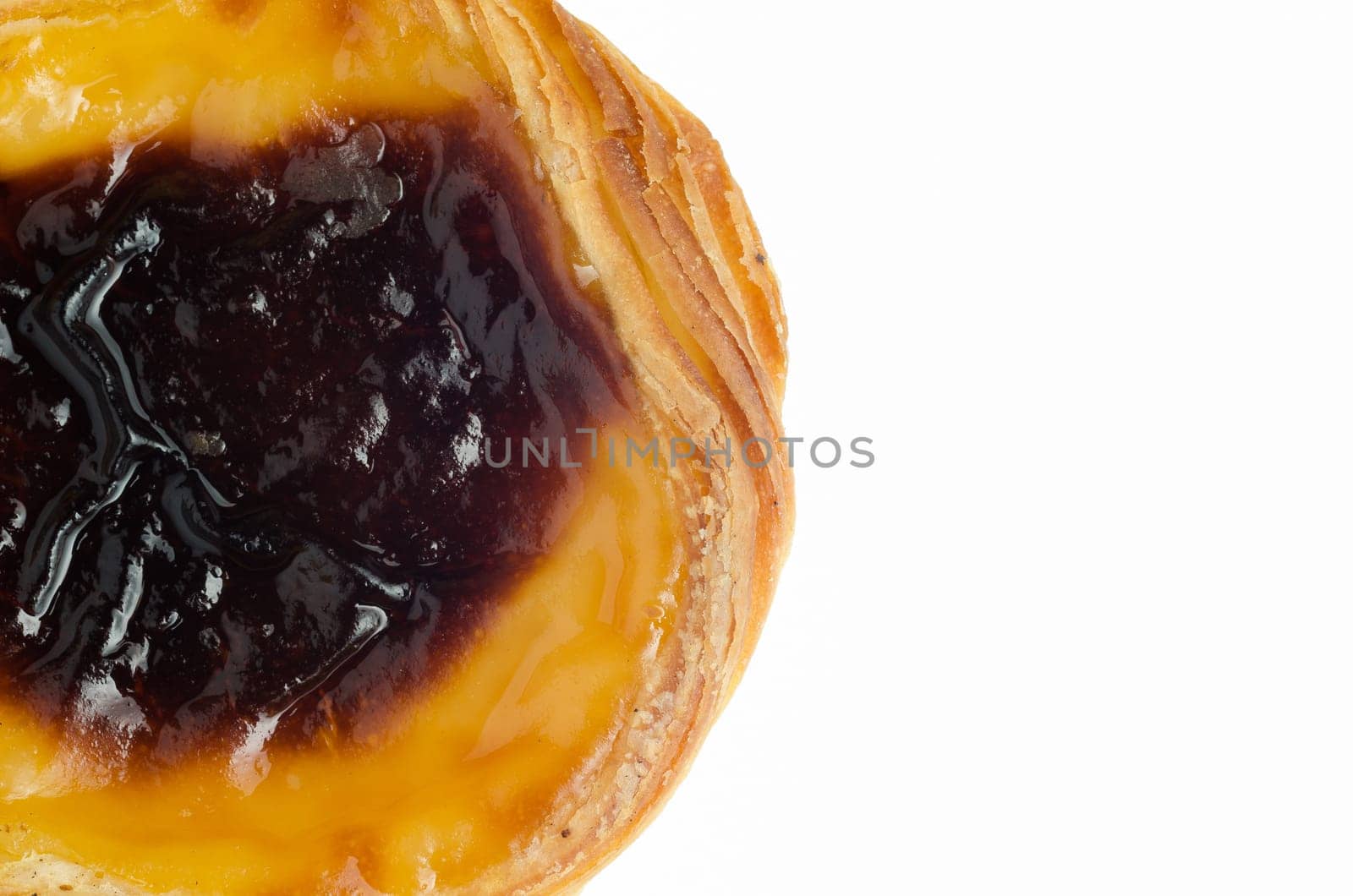 Close up Egg Tarts or pasteis de nata isolated on white background. Typical portuguese sweet