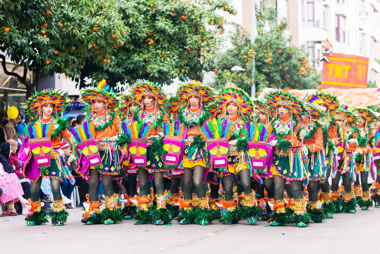 Badajoz, Spain, sunday. February.26. 2017 Participants in colorful costumes take part in the carnival parade in Badajoz 2017