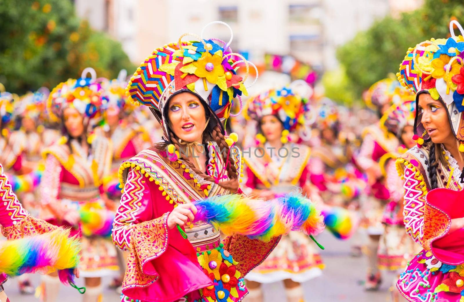 Badajoz, Spain, sunday. February.26. 2017 Participants in colorful costumes take part in the carnival parade in Badajoz 2017