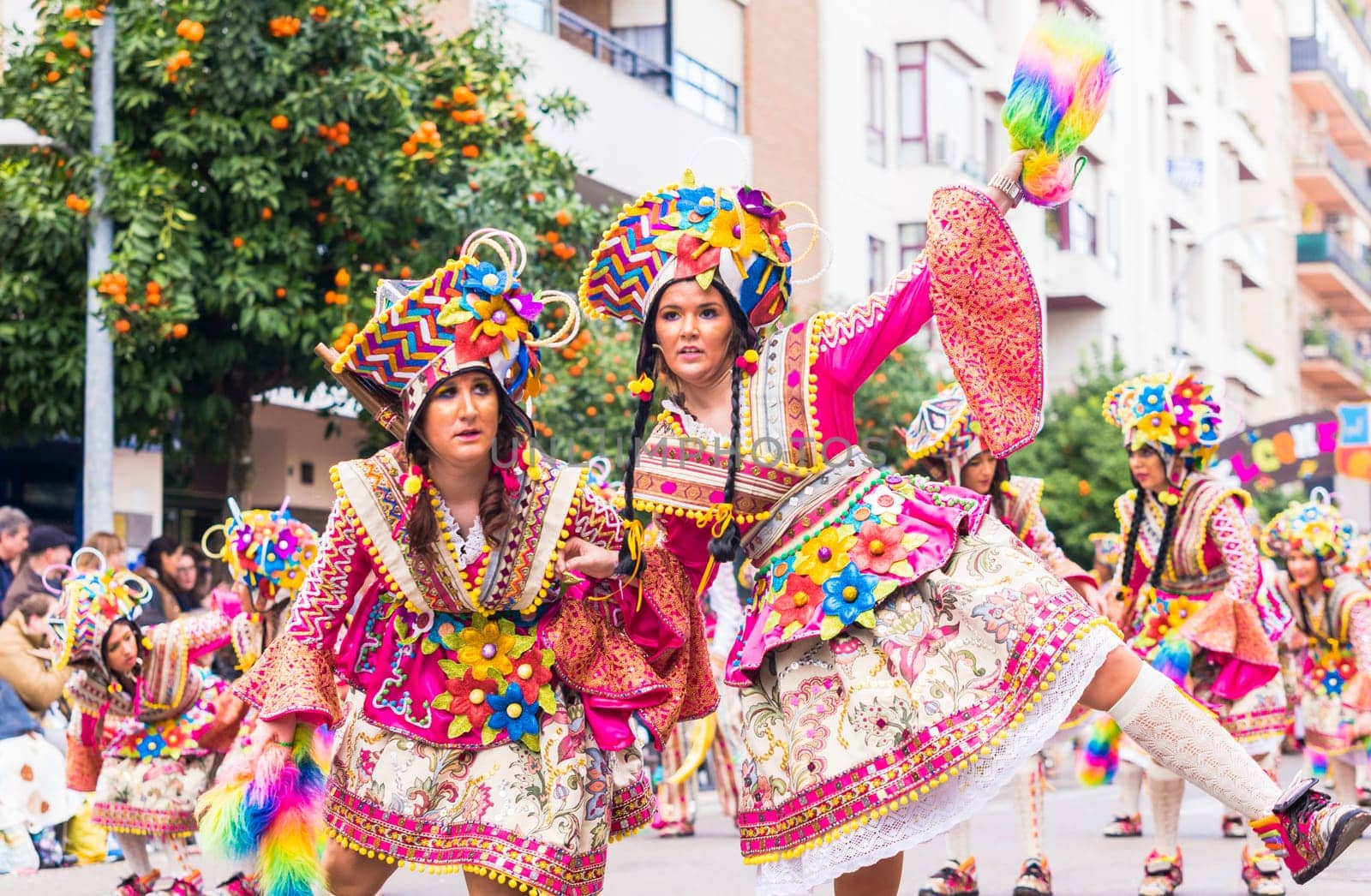 Badajoz, Spain, sunday. February.26. 2017 Participants in colorful costumes take part in the carnival parade in Badajoz 2017
