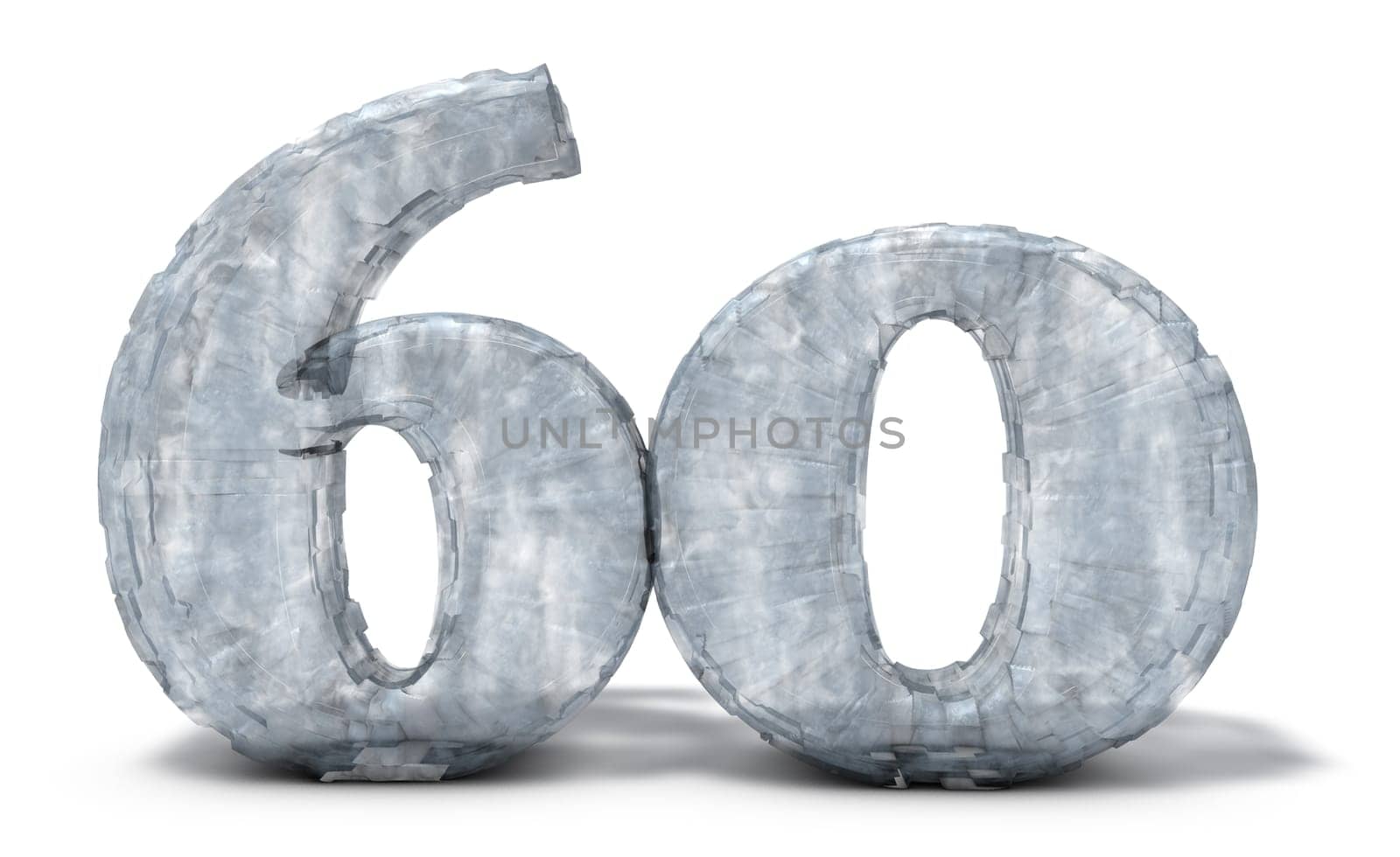 the number sixty made of ice on a white background - 3d illustration