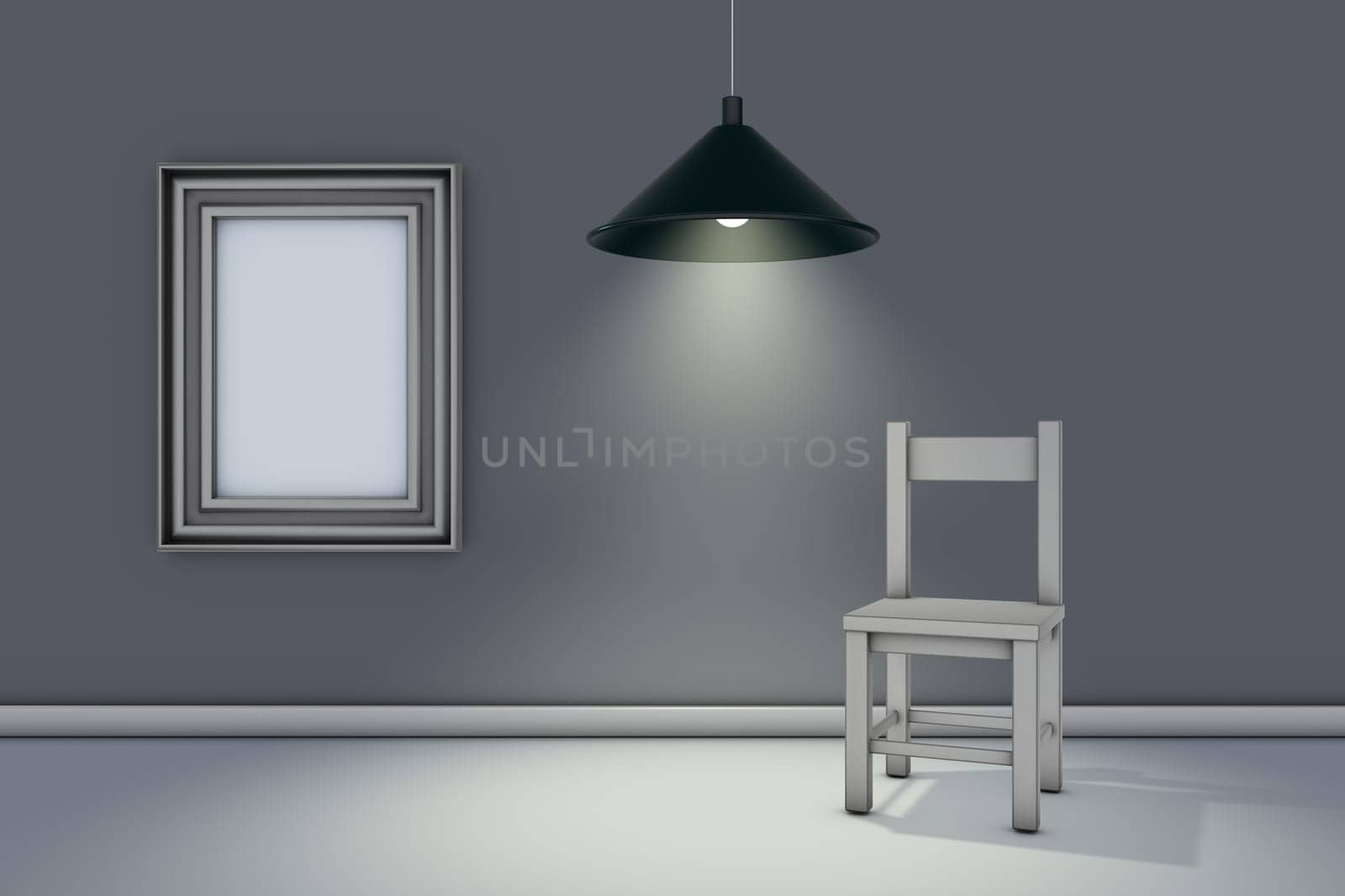 chair and empty picture in room with hanging lamp - 3d rendering