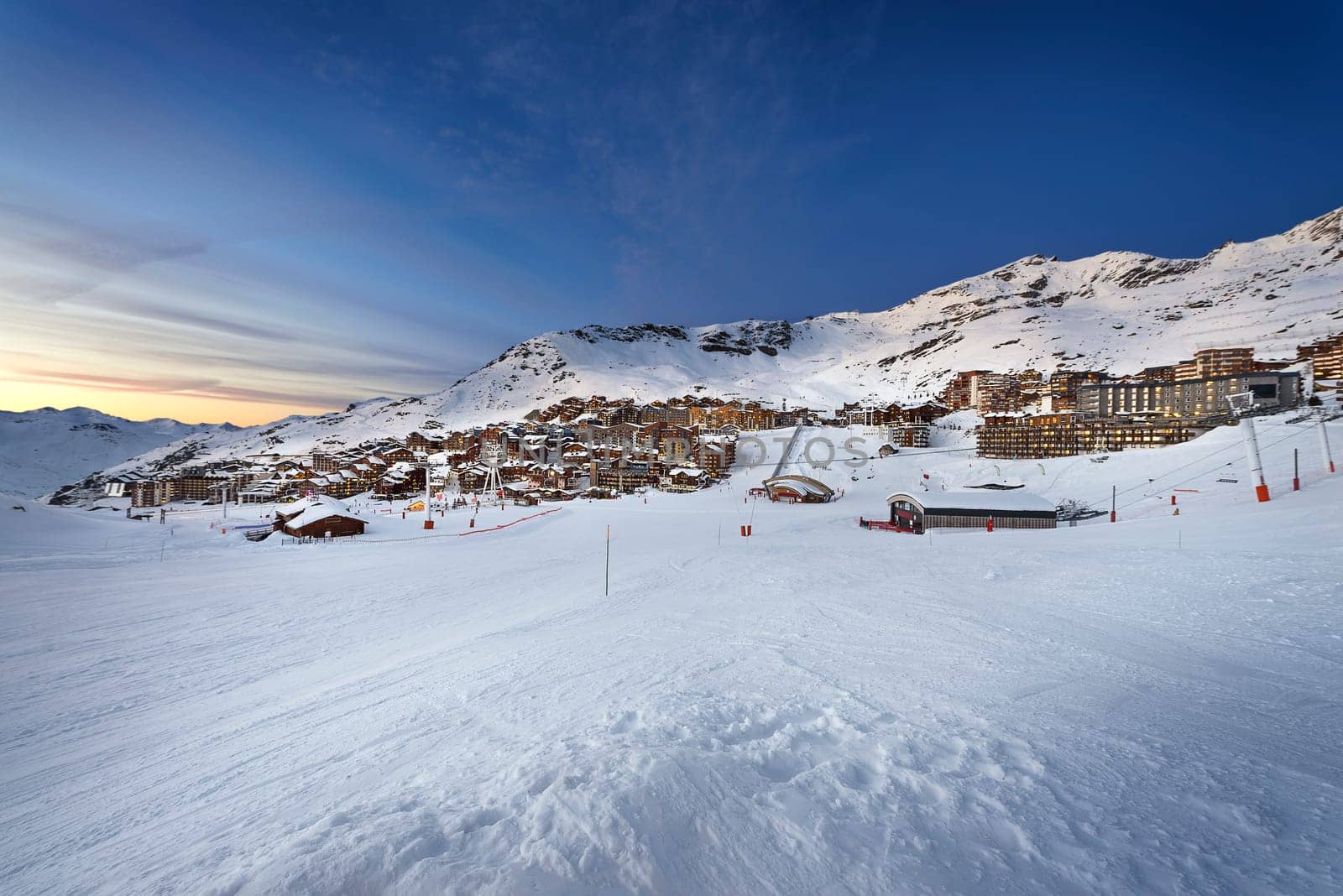 Panorama of famous Val Thorens in french alps by night, Vanoise, France.