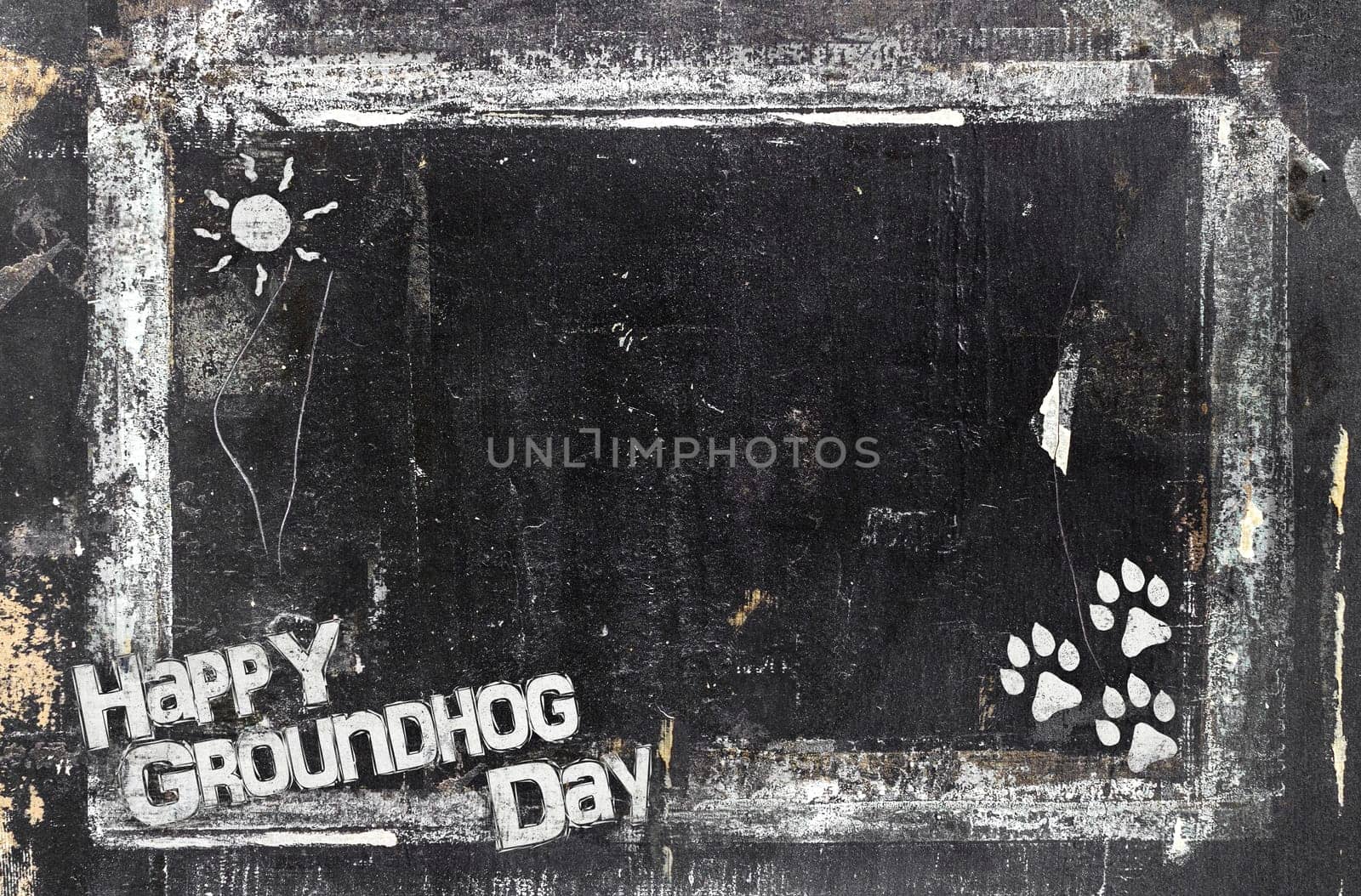 Groundhog Day blackboard in grunge style, scratched and ruined. Dirty artistic design element, box, frame for text. Doodle frame.
