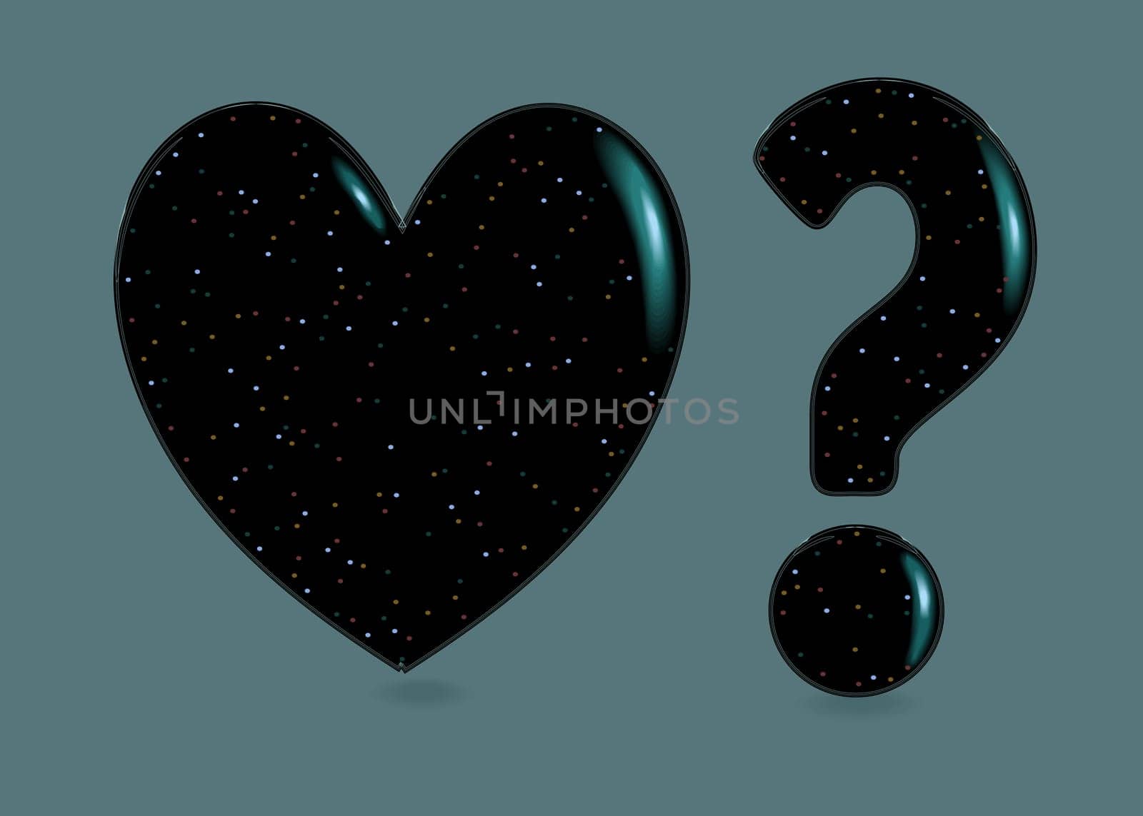 Black Heart and Question Mark with sparkls.  Illustration