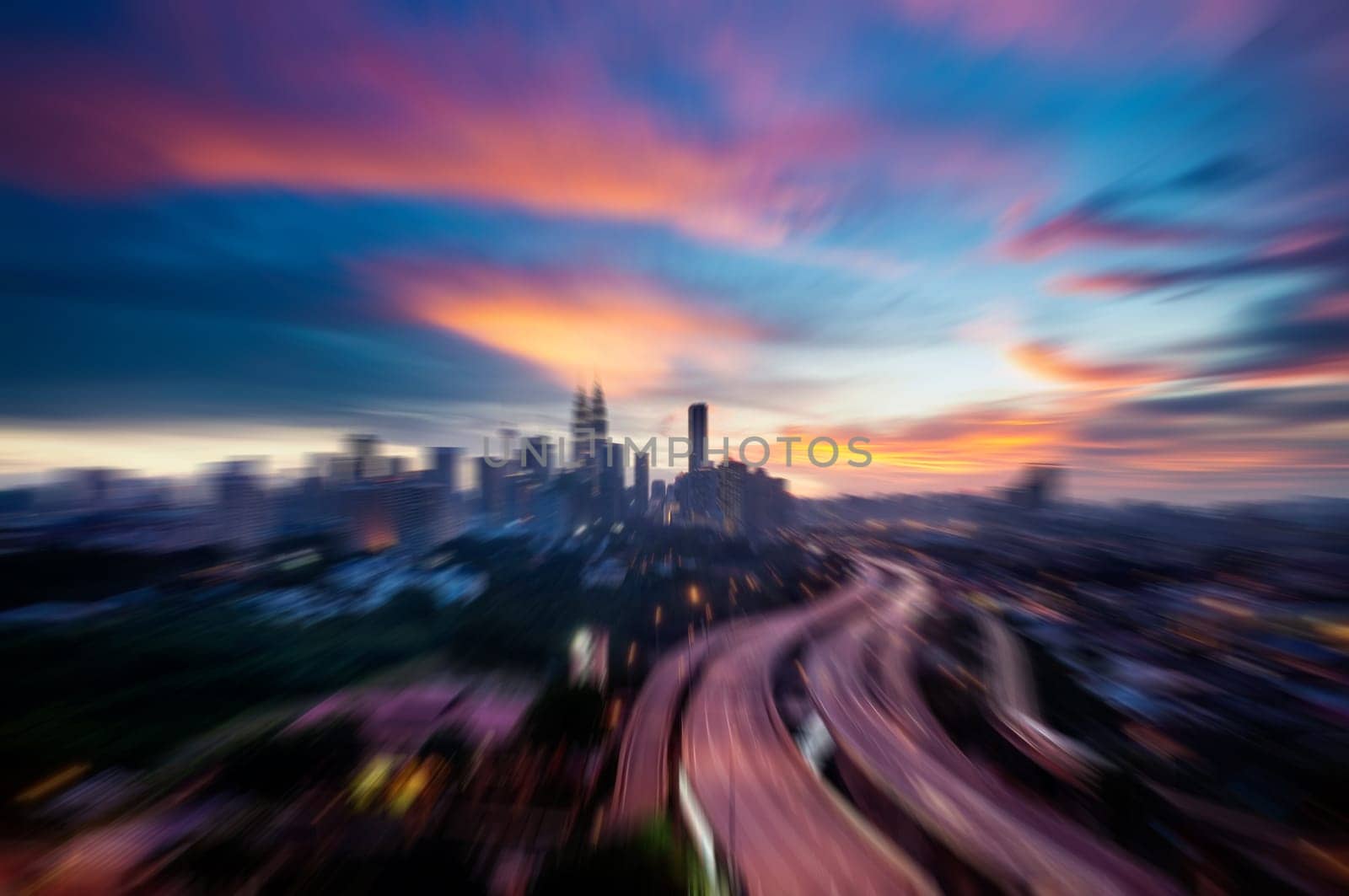 Zoom Kuala Lumpur city Malaysia, sunset.