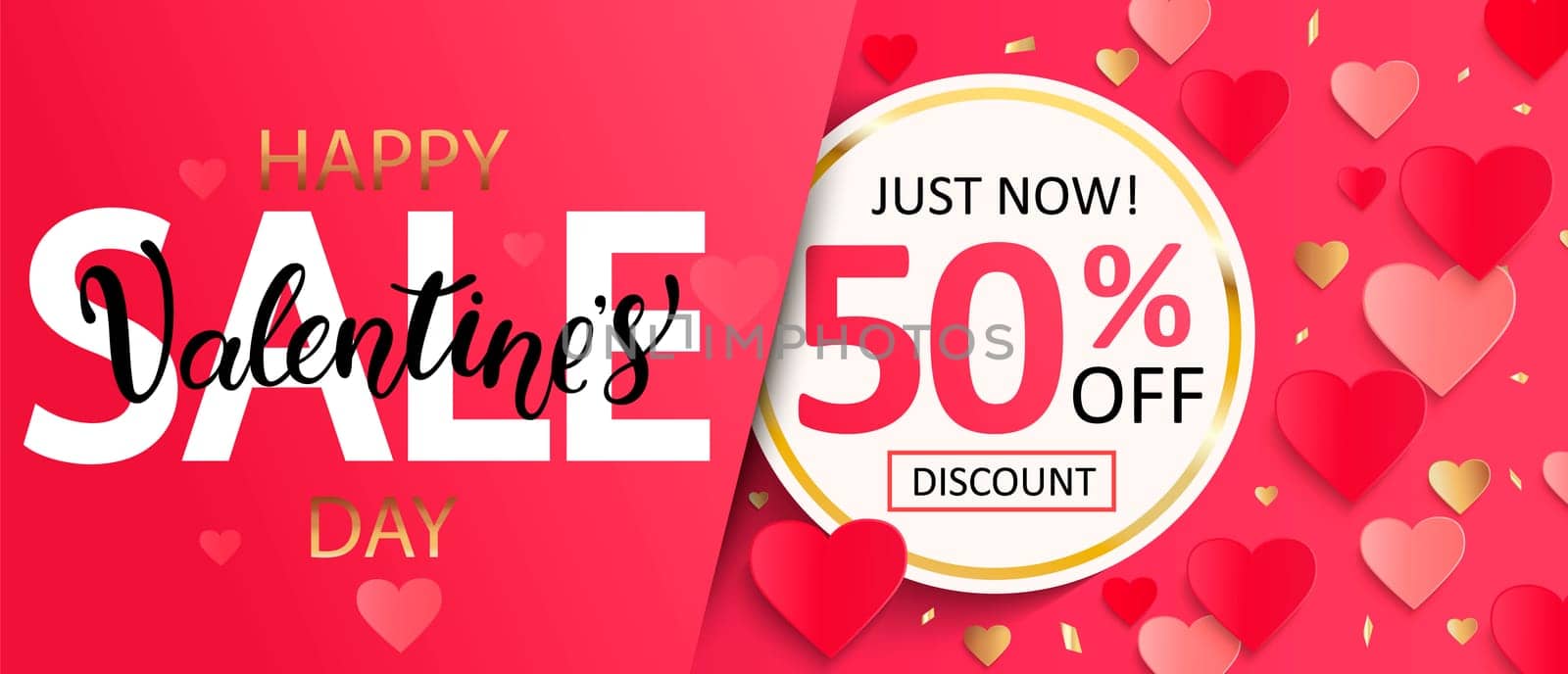 Valentines day sale gift card with lettering and half price discount in circle gold frame, poster template. Pink abstract background with hearts ornaments. February 14.Vector illustration.