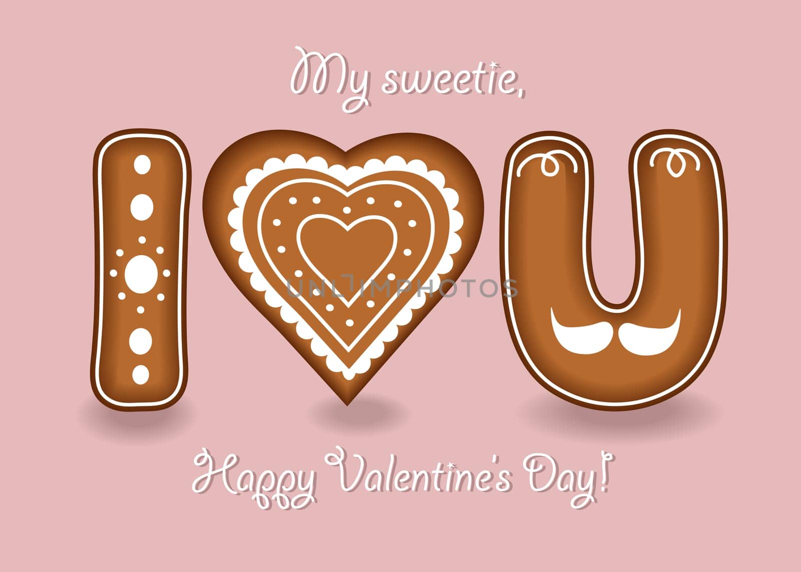 I Love you. Gingerbreads letters I, U and heart with white cream decor. My sweetie, Happy Valentines Day. Illustration